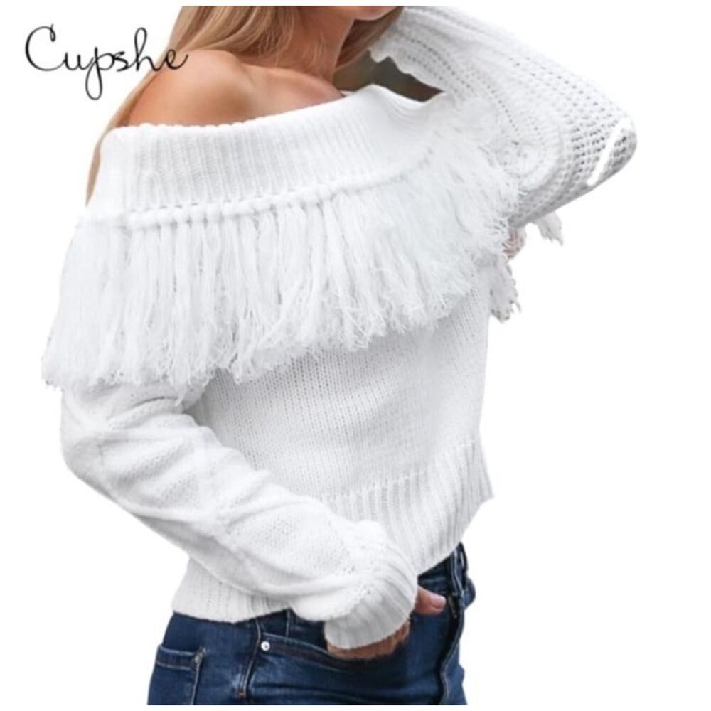 ⭐️Cupshe‎ White Off-Shoulder Fringe Sweater Knit Top Boho Chic Winter Fashion L